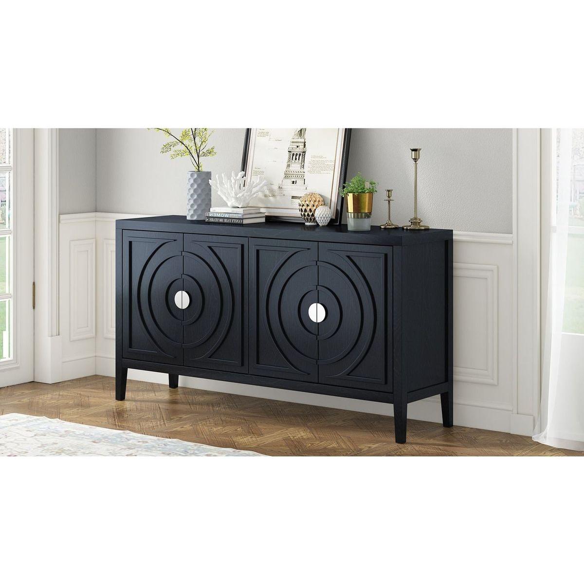Retro Sideboard door with Circular Groove Design Round Metal Door Handle for Entrance, Dining Room, Living Room (Black)