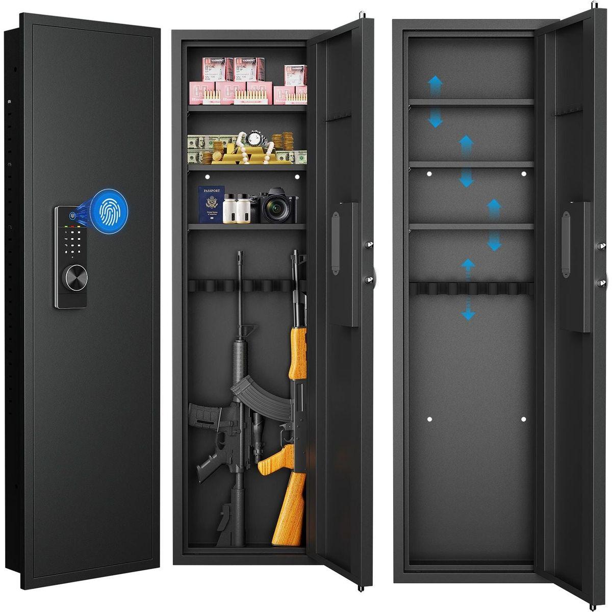 53" Fingerprint Touch Panel In-Wall Safe,Hidden Wall Gun Safe for Rifles with Adjustable Shelves,Assembled Storage Multifunctional Wall Safe for Firearm and Valuables (Black-Fingerprint)