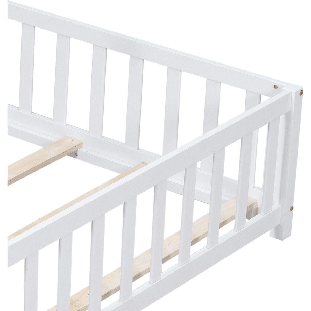 Full Size Floor Platform Bed with Fence and Door for Kids, Montessori Floor Bed Frame with Support Slats for Toddlers, Wooden Floor Bed White