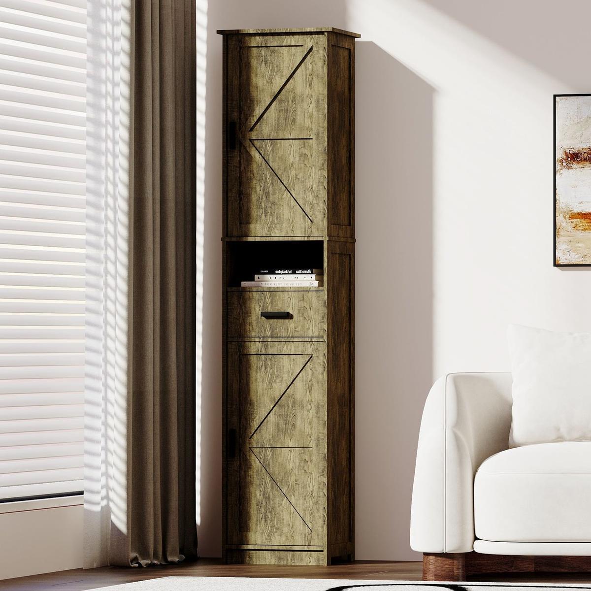 69" H Tall Bathroom Storage Cabinet with 2 Barn Doors and 1 Drawer, Narrow Storage Unit, Adjustable Shelves,Floor Cabinet for Bathroom, Living Room, Entryway,Kitchen,(Grey) - Streamdale Furniture