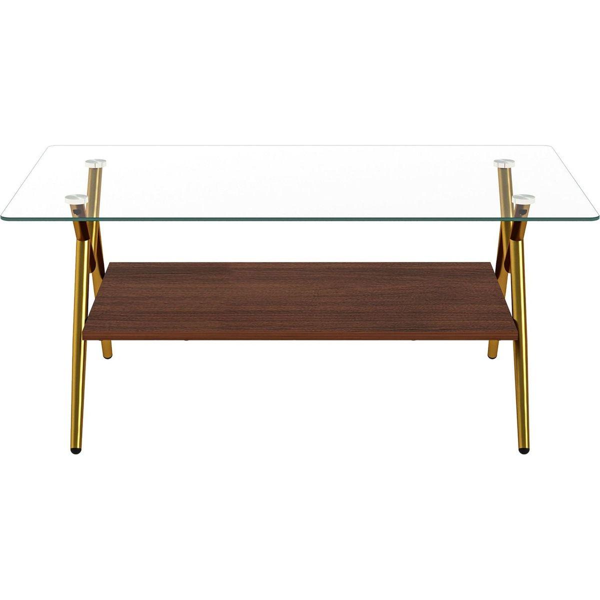 Rectangle Coffee Table with Tempered Glass top and Golden Metal Legs, Modern Table for Living Room, Transparent Glass