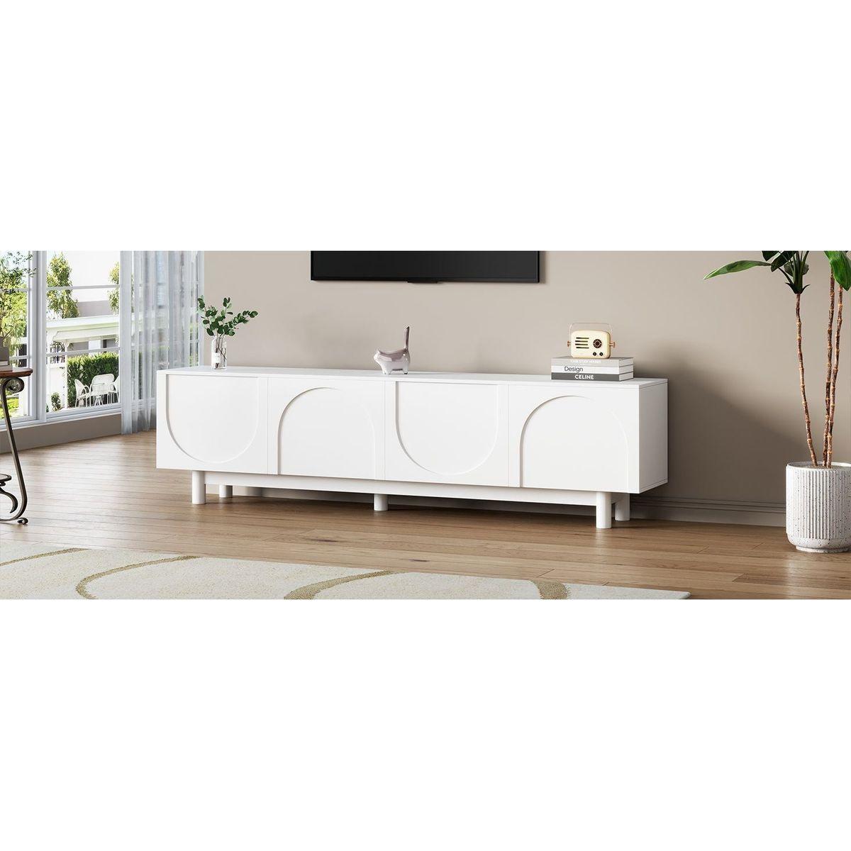 Graceful TV Stand with Arch Cabinets for TVs Up to 78", Minimalist Entertainment Center with Solid Wood Legs, Practical Media Console with Adjustable Shelves for Living Room, White