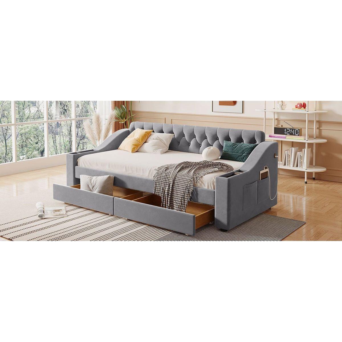 Twin Size Upholstered Daybed with Storage Armrests and USB Port, Gray