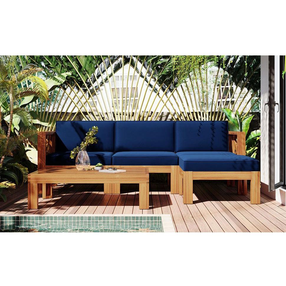 Outdoor Backyard Patio Wood 5-Piece Sectional Sofa Seating Group Set with Cushions, Natural Finish+ Blue Cushions