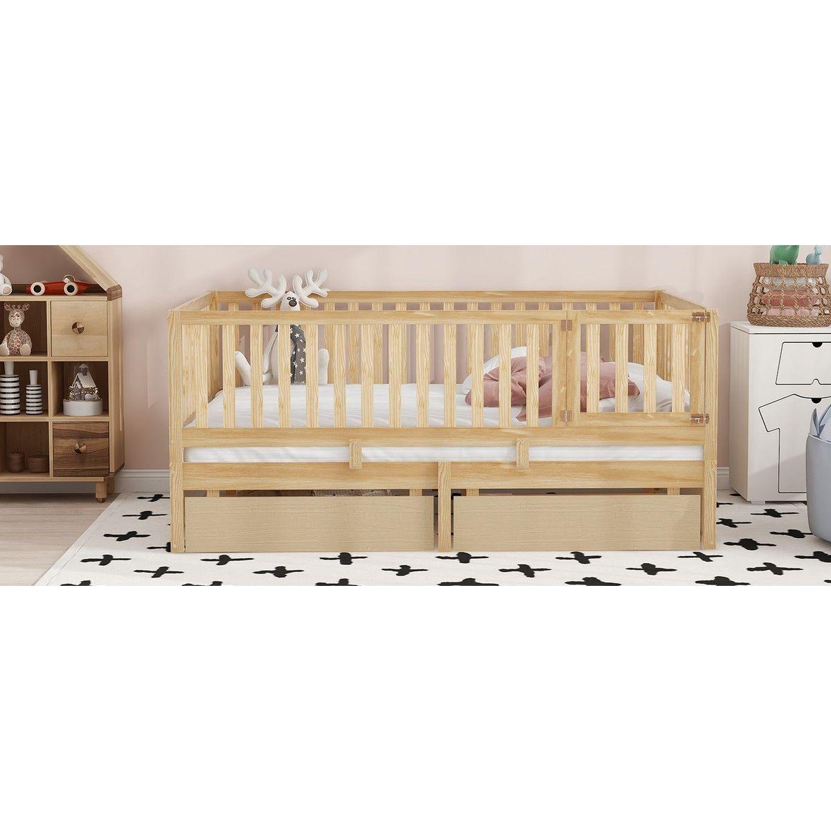 Full Size Wood Daybed with Fence Guardrails and 2 Drawers, Split into Independent Floor Bed & Daybed, Natural