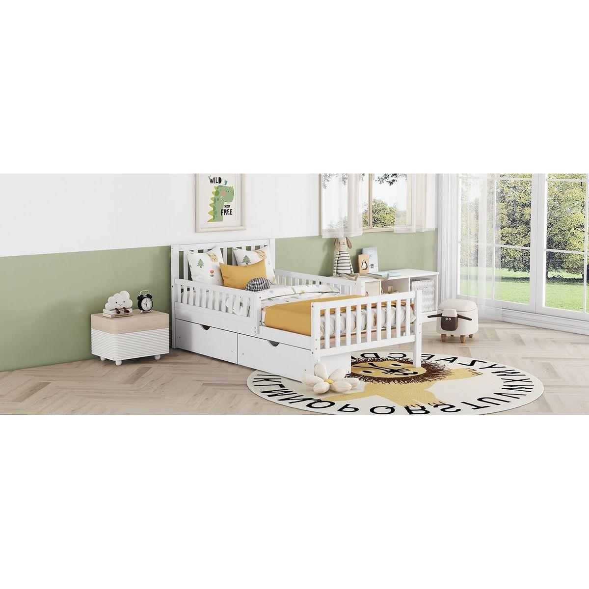 Twin Size Wood Platform Bed with Guardrails on Both Sides and Two Storage Drawers, White
