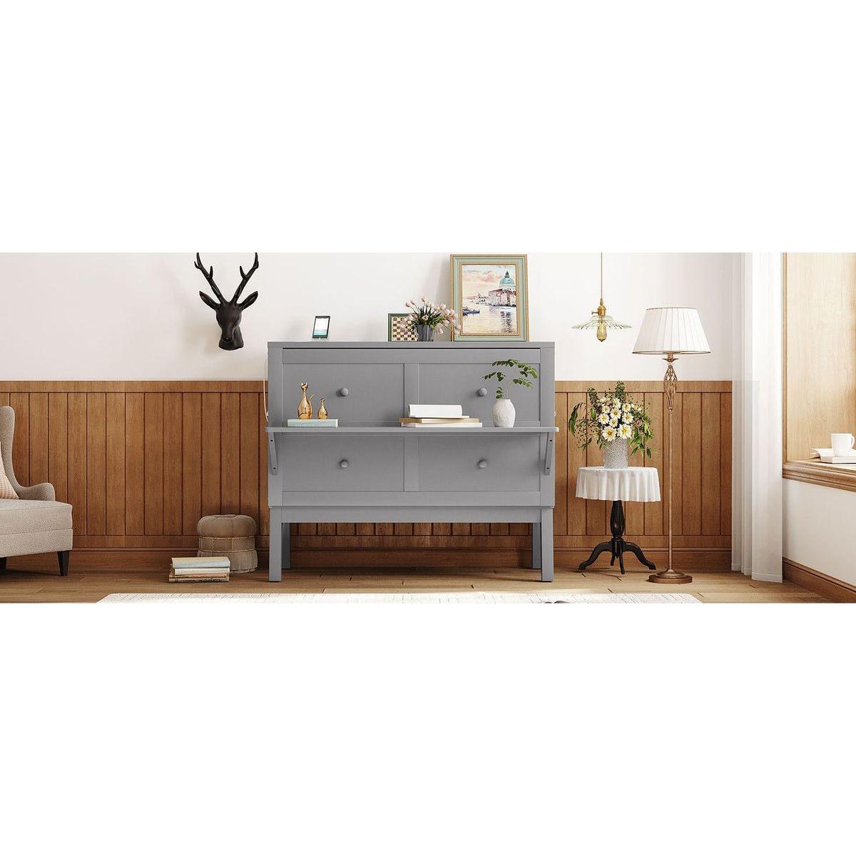 Full Size Murphy Bed with USB Port and removable Shelves on Each Side,Gray