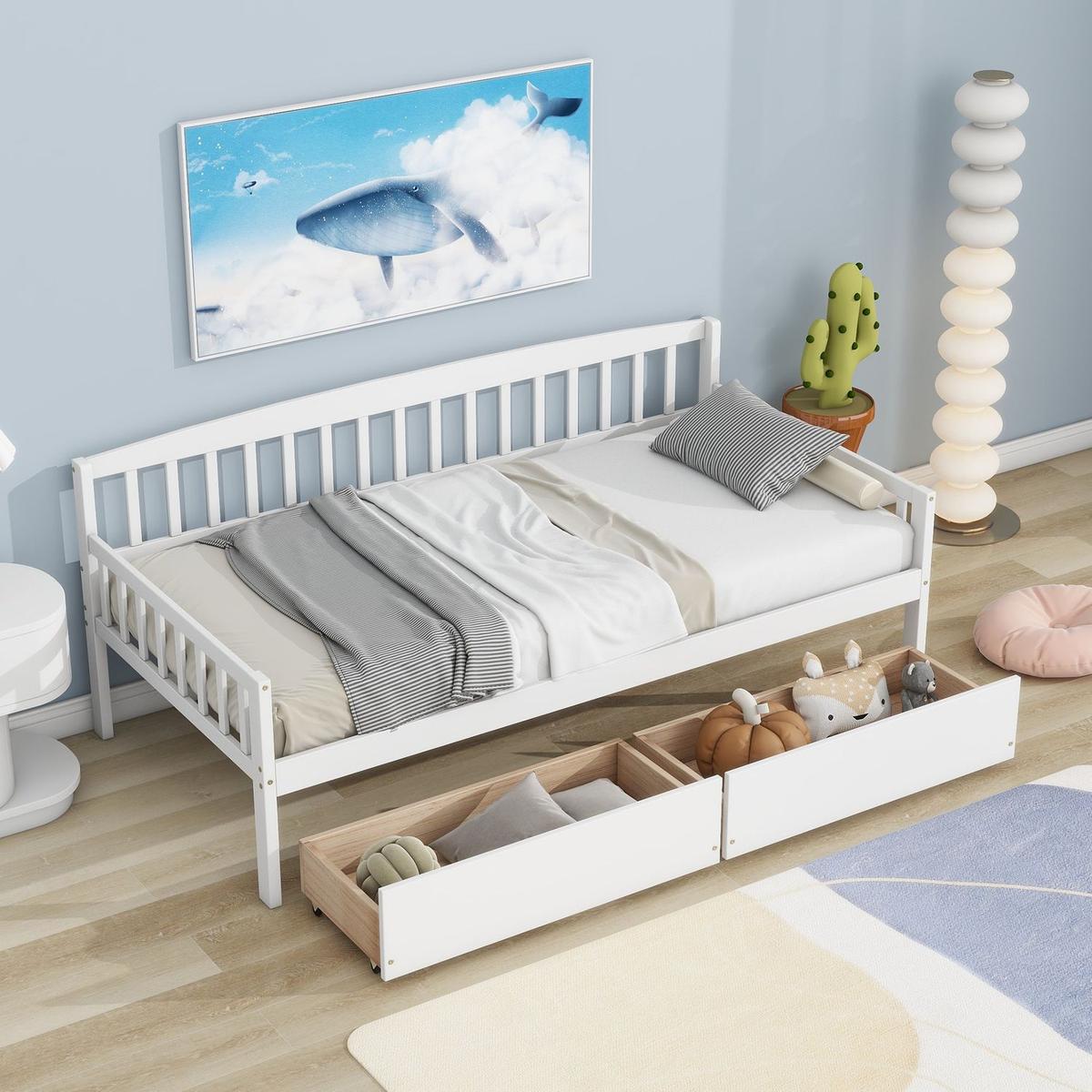 Twin-size Pine Wood Daybed with two Storage Drawers, Sofa Bed with Bed Platform of 10 Support Slats,White