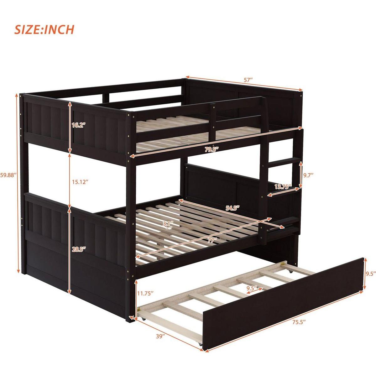 Full Over Full Bunk Bed with Twin Size Trundle, Espresso