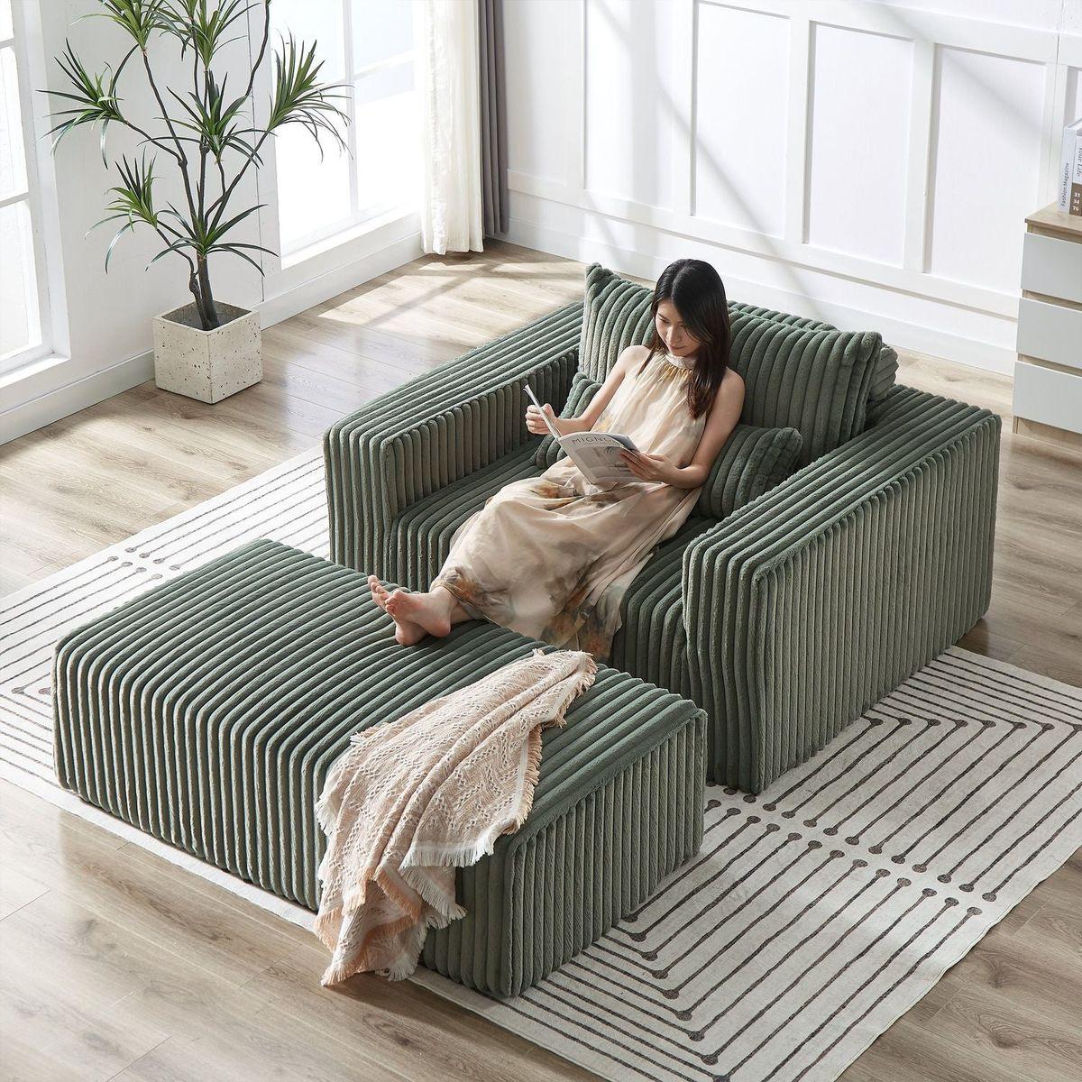 75-Inch Corduroy Sponge Sofa Lounge Chair with Removable footrest,No Assembly Required,Fluffy Modern Sleeper Chair for Indoor Living Room Bedroom