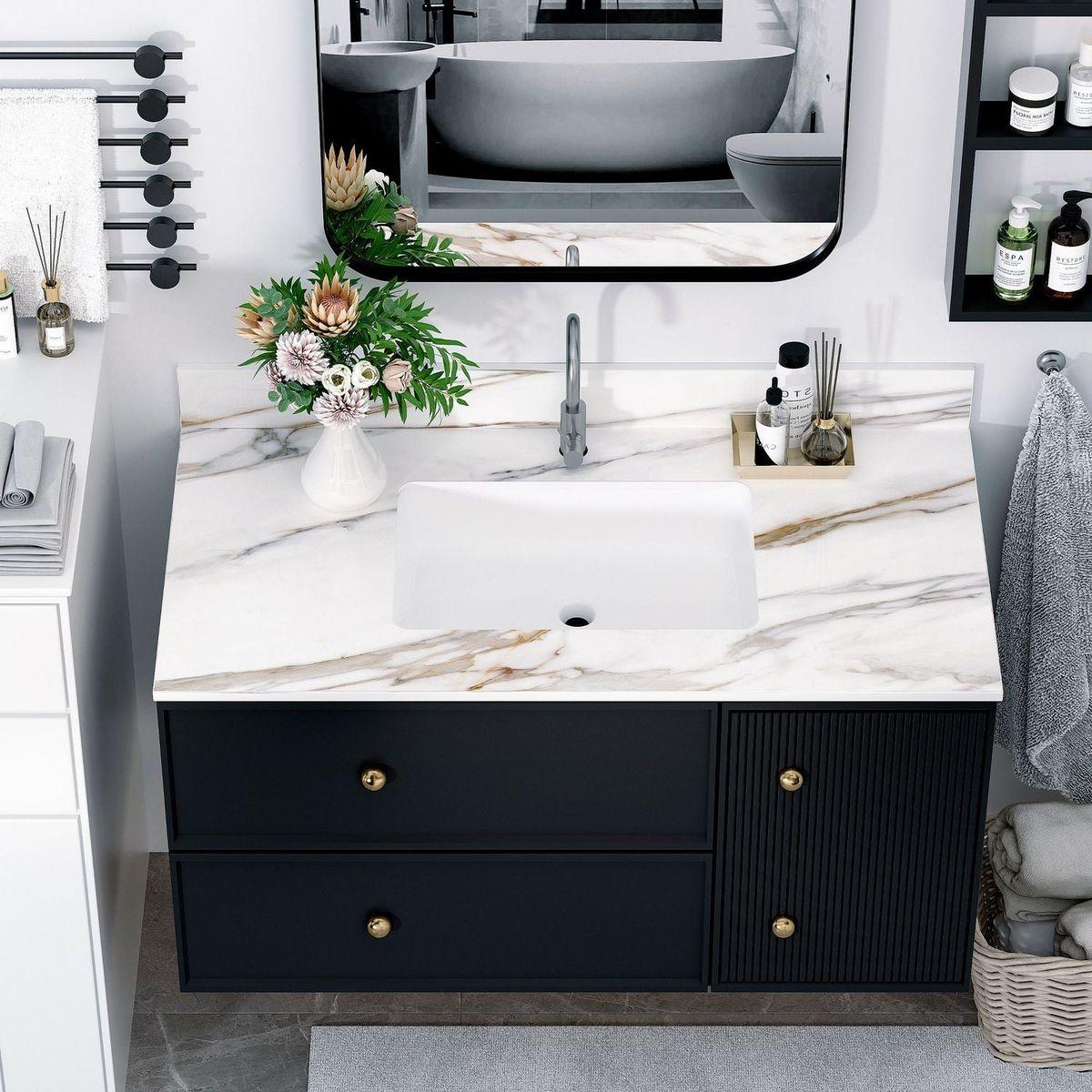 43 Inch Marble Vanity Top, Bathroom Vanity Top with Undermount Rectangular Middle Sink and 4" Height Backsplash, Pre-Drilled Faucet Hole Vanity Top, Carrara white with veins