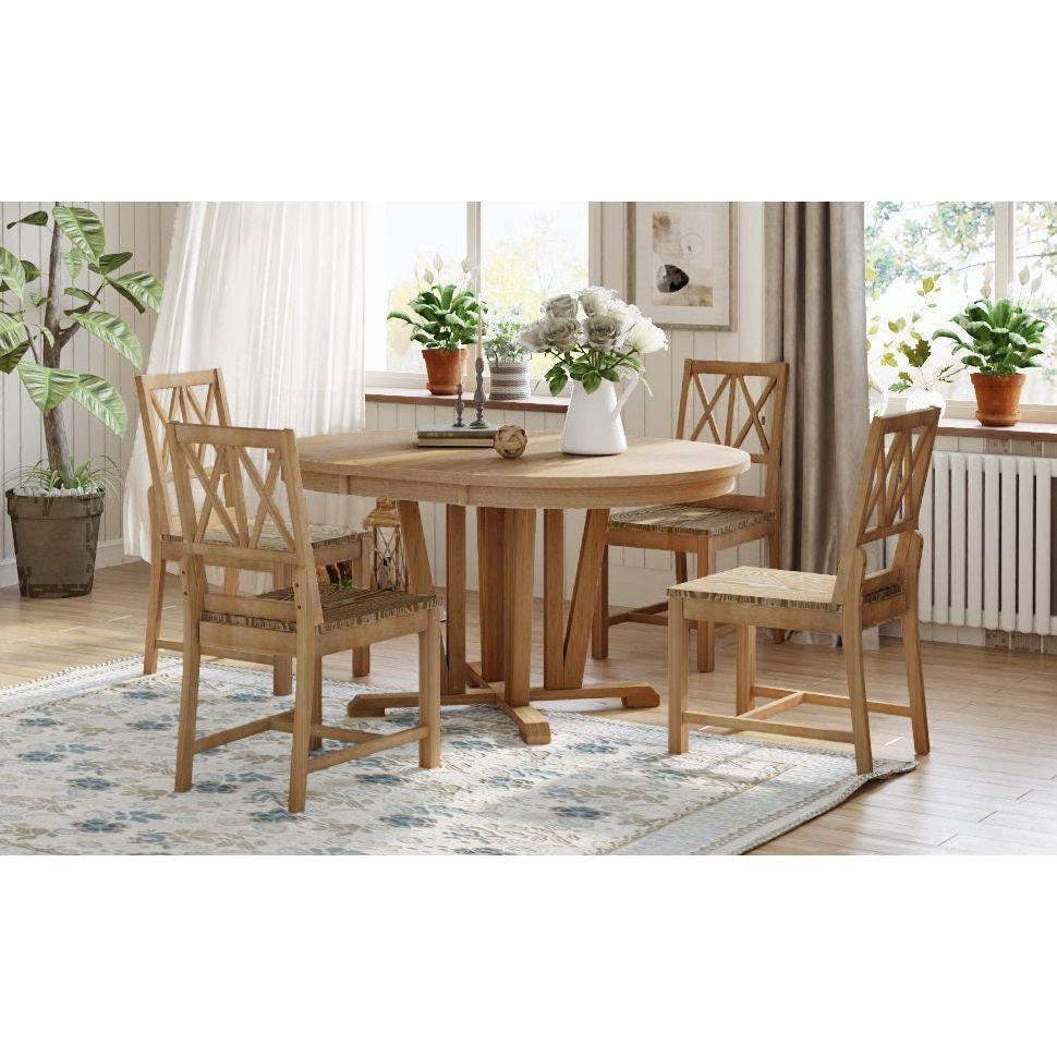 Rustic 5-Piece Extendable Dining Table Set Round Trestle Table and 4 Cross Back Dining Chairs for Kitchen, Dining Room, Natural
