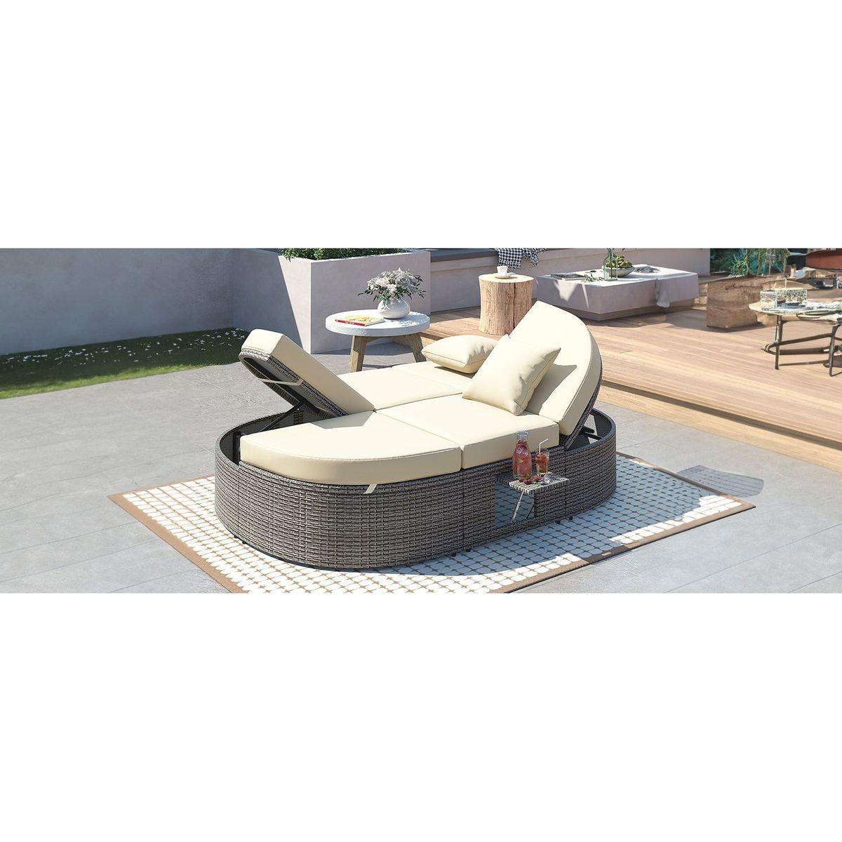 Outdoor Sun Bed Patio 2-Person Daybed with Cushions and Pillows, Rattan Garden Reclining Chaise Lounge with Adjustable Backrests and Foldable Cup Trays for Lawn, Poolside, Beige