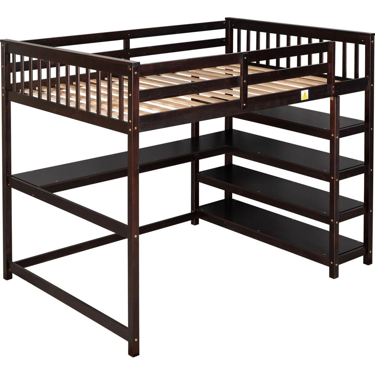 Full Size Loft Bed with Storage Shelves and Under-bed Desk, Espresso