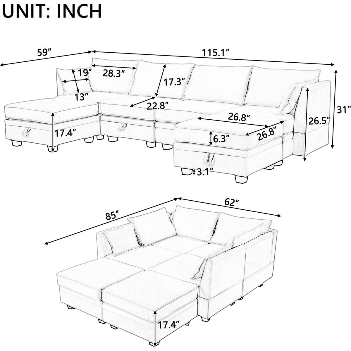 Modern Large U-Shape Modular Sectional Sofa, Convertible Sofa Bed with Reversible Chaise for Living Room, Storage Seat