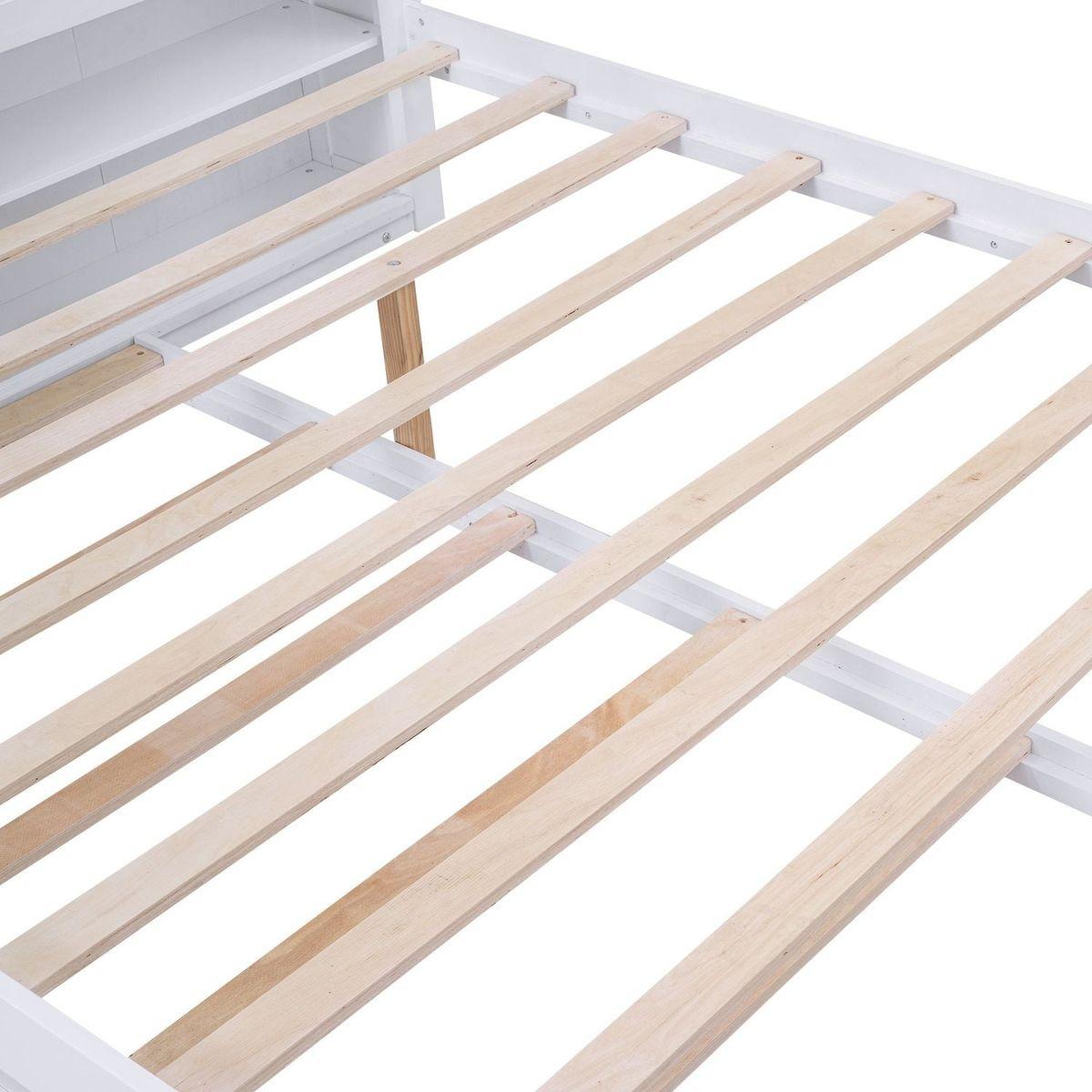 Queen Size Storage Platform Bed with Pull Out Shelves and Twin XL Size Trundle, White