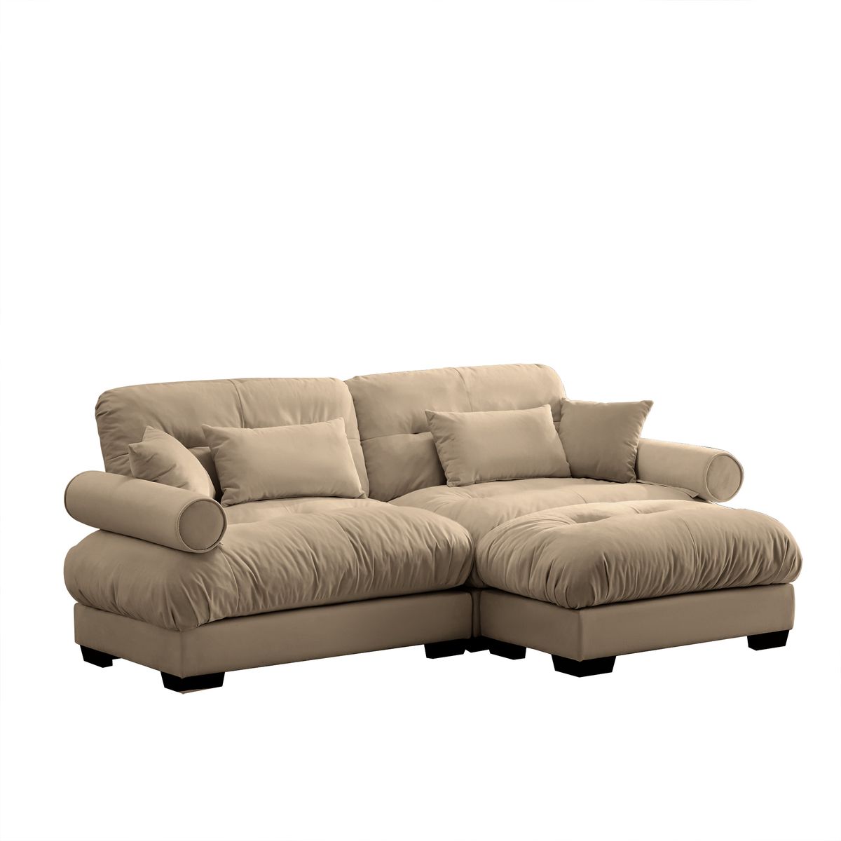Modern Camel Velvet Two-Seater Sofa with Ottoman, Round Bolster Armrests, Waist & Throw Pillows