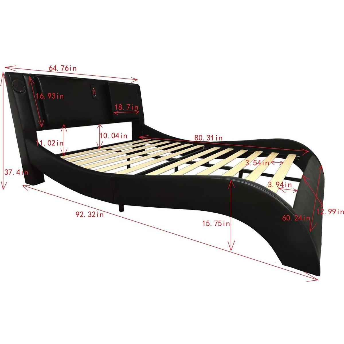 Faux Leather Upholstered Platform Bed Frame with led lighting, Bluetooth connection to play music control, Backrest vibration massage, Curve Design, Wood Slat Support, Exhibited Speakers,Queen