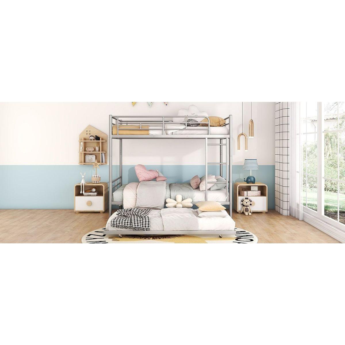 Full Over Full Metal Bunk Bed with Trundle, Silver