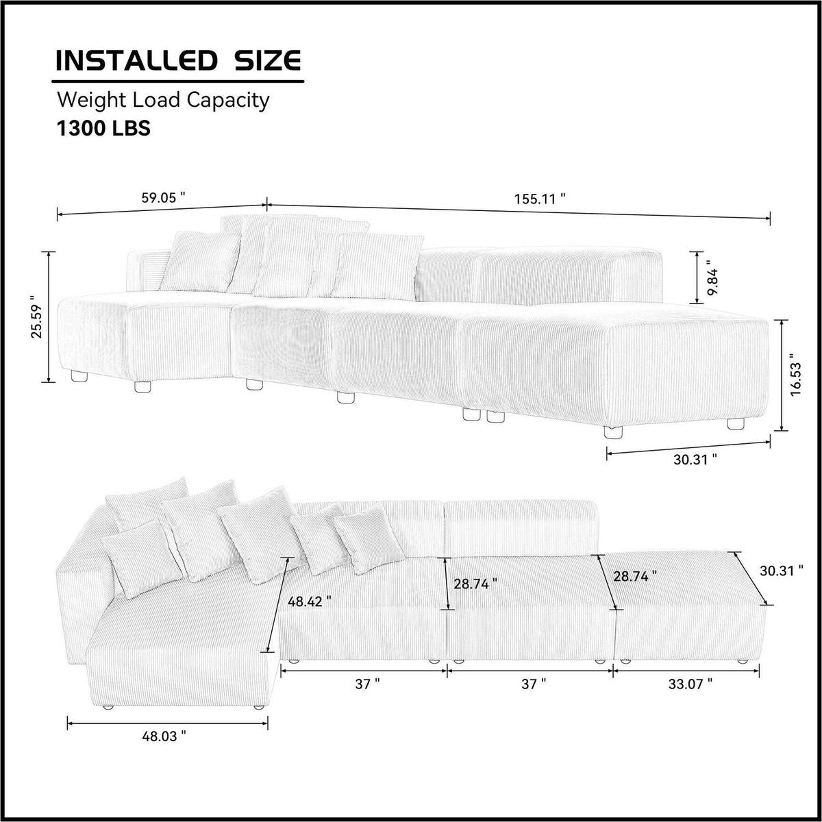 Soft Corduroy Sectional Modular Sofa 4 Piece Set, Small L-Shaped Chaise Couch for Living Room, Apartment, Office, Gray