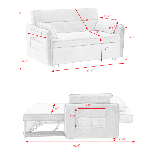 Modern velvet sofa, sofa pull-out bed, small love seat casual sofa with back, with pillow, pockets, living room furniture, 3 in 1 convertible sleep sofa bed.