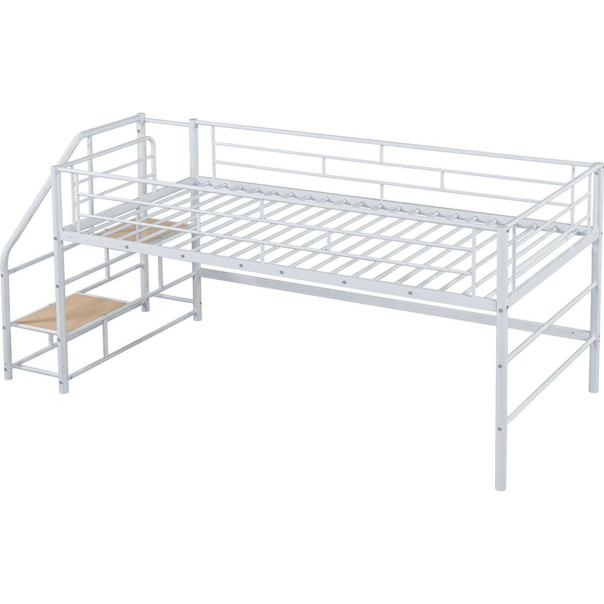 Mid Loft Bed with Storage stairs, Twin, White