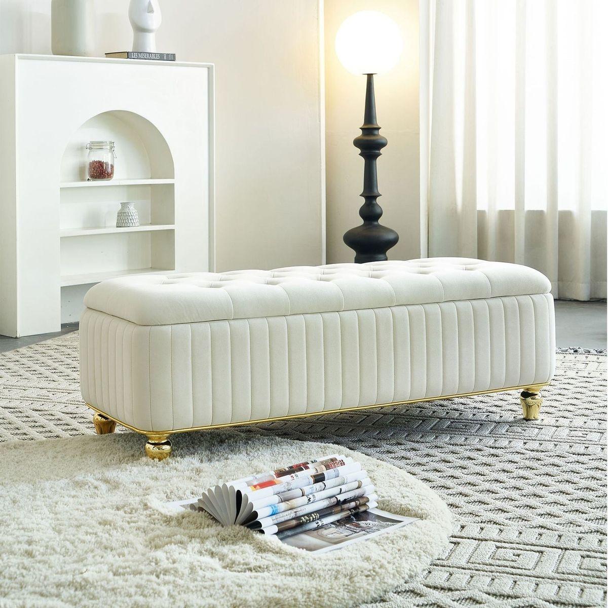 47.24"W Storage Ottoman,Upholstered Velvet Fabric Storage Ottoman with Safety Hinge, gold decoration strip and gold embroidery Footstool, Ottoman Bench for Living Room & Bedroom,Beige Color