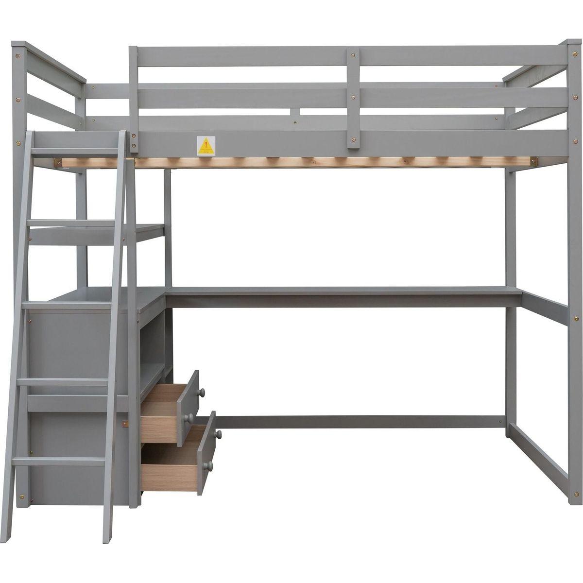 Full Size Loft Bed with Desk and Shelves,Two Built-in Drawers,Gray