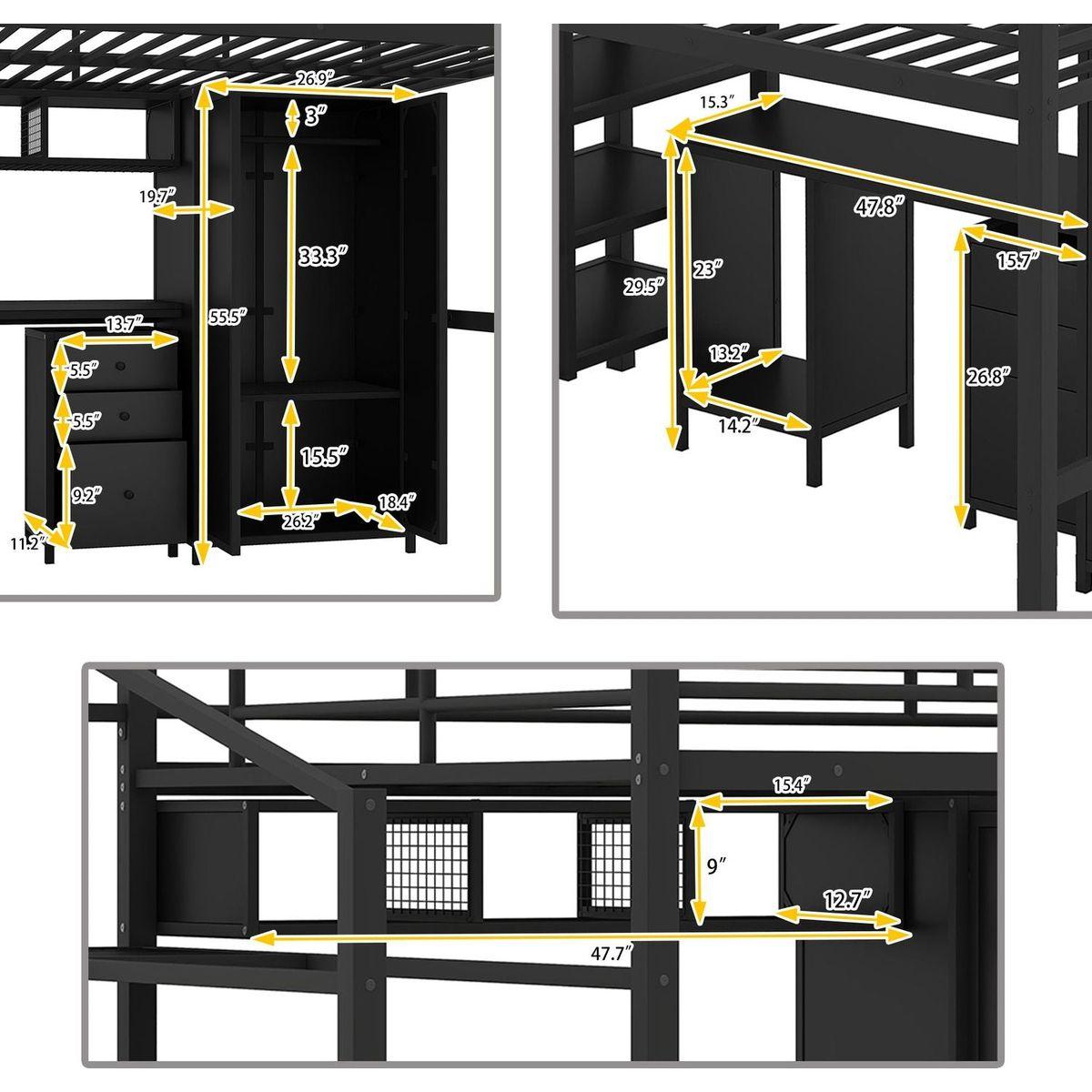Metal Loft Bed With table set and wardrobe, Full, Black