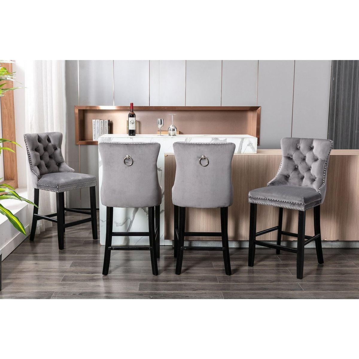 Contemporary Velvet Upholstered Barstools with Button Tufted Decoration and Wooden Legs, and Chrome Nailhead Trim, Leisure Style Bar Chairs,Bar stools, Set of 2 (Gray)