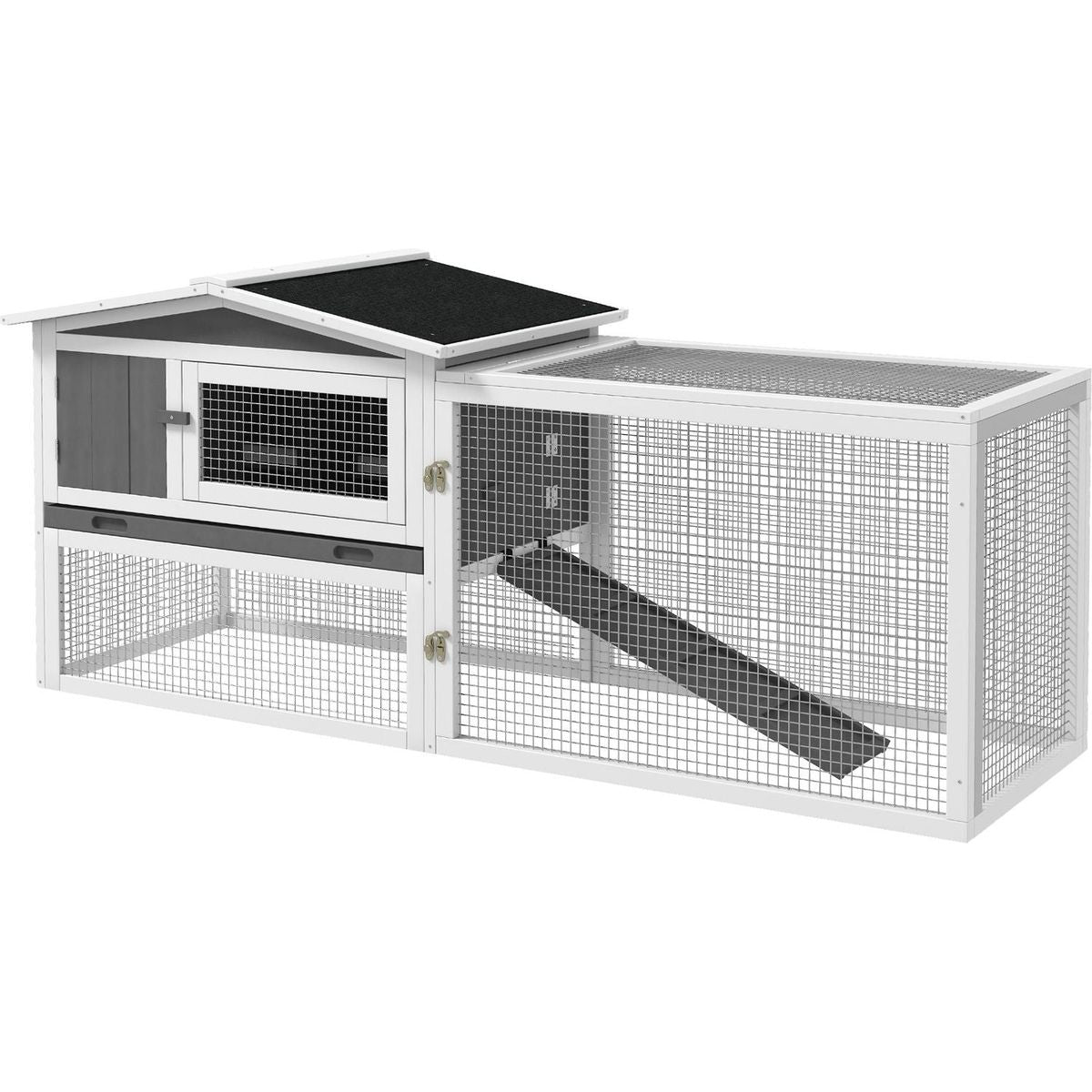 Rabbit Hutch 2-Story Bunny Cage Small Animal House with Slide Out Tray, Detachable Run, for Indoor Outdoor, 61.5" x 23" x 27", Light Gray