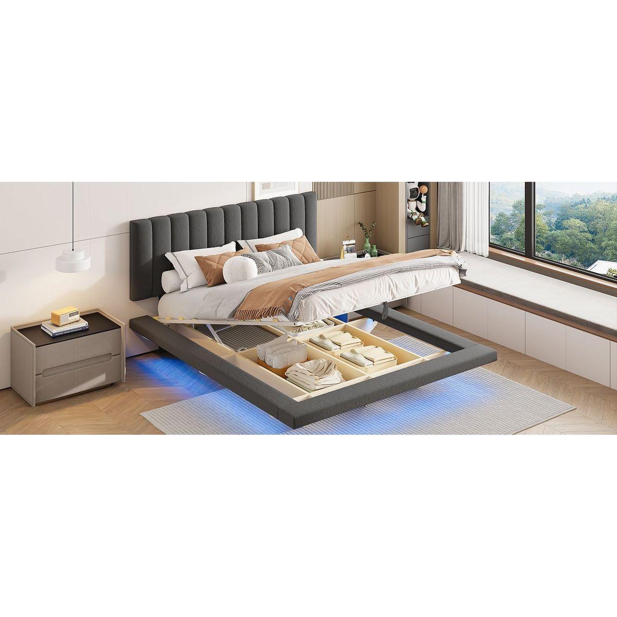 Queen Size Upholstered Floating Bed with LED Light and USB Port, Velvet, Gray, Hydrualic Platform Bed