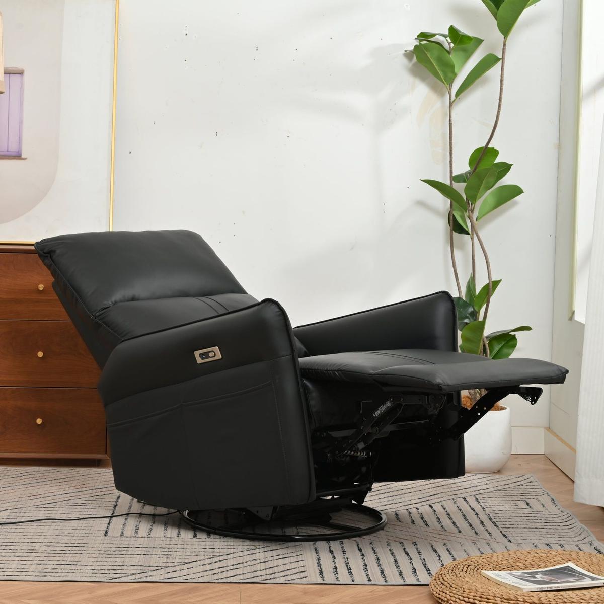 Power Swivel Rocker Recliner Chair for Adults, 270掳 Swivel Rocking Recliner Chair,Electric Small Recliners for Small Spaces, Single Sofa Recliner for Living Room, Bedroom,RV (Black PU)