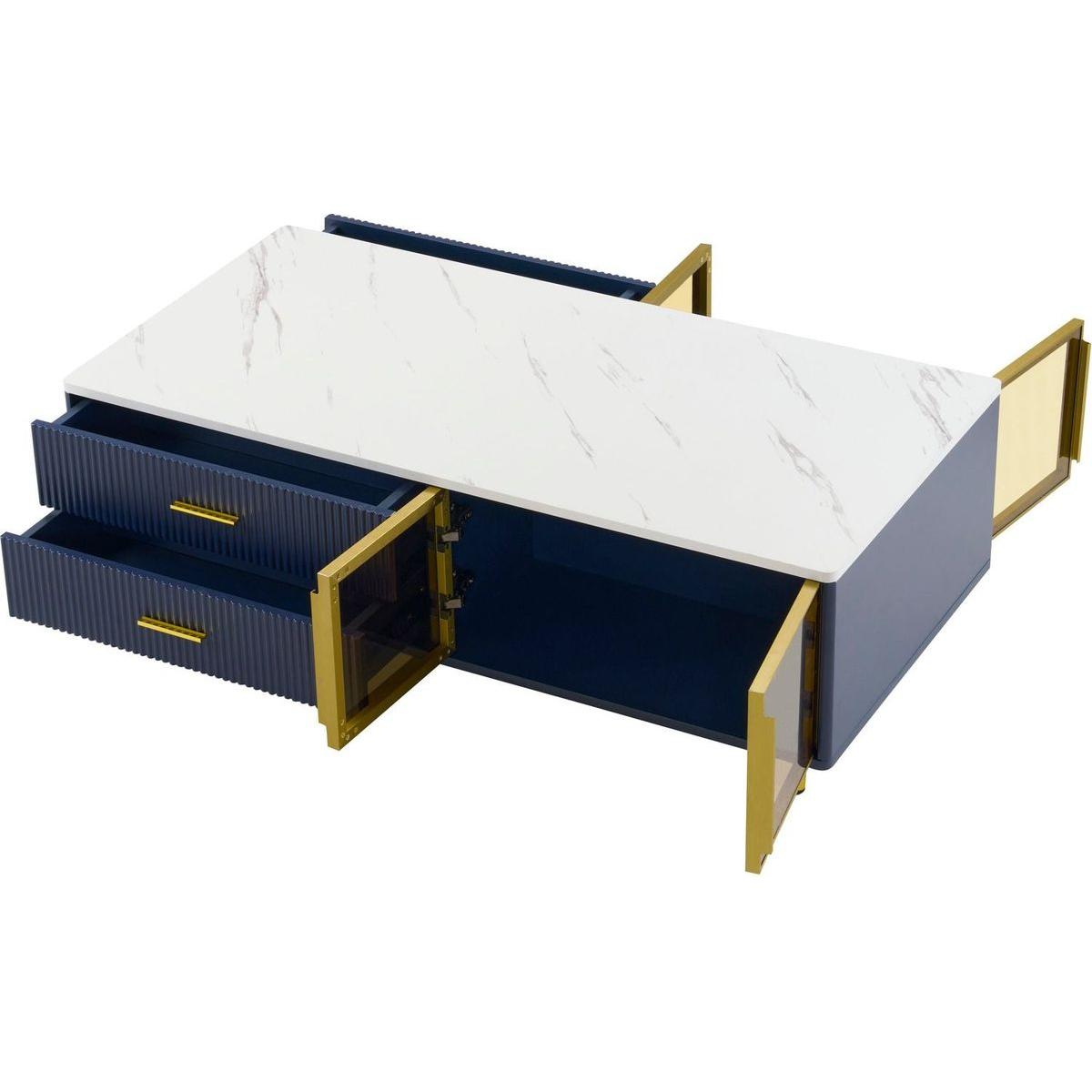 Modern Navy Blue Coffee Table with 2 Glass Door Storage, 4 Drawers, Gold Metal Legs, and Multi-Color Lighting in 47.2"