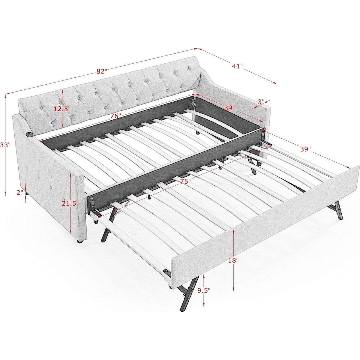 Twin Size Upholstery DayBed with Twin Size Erectable Trundle and USB Charging Design, Linen Dark Gray