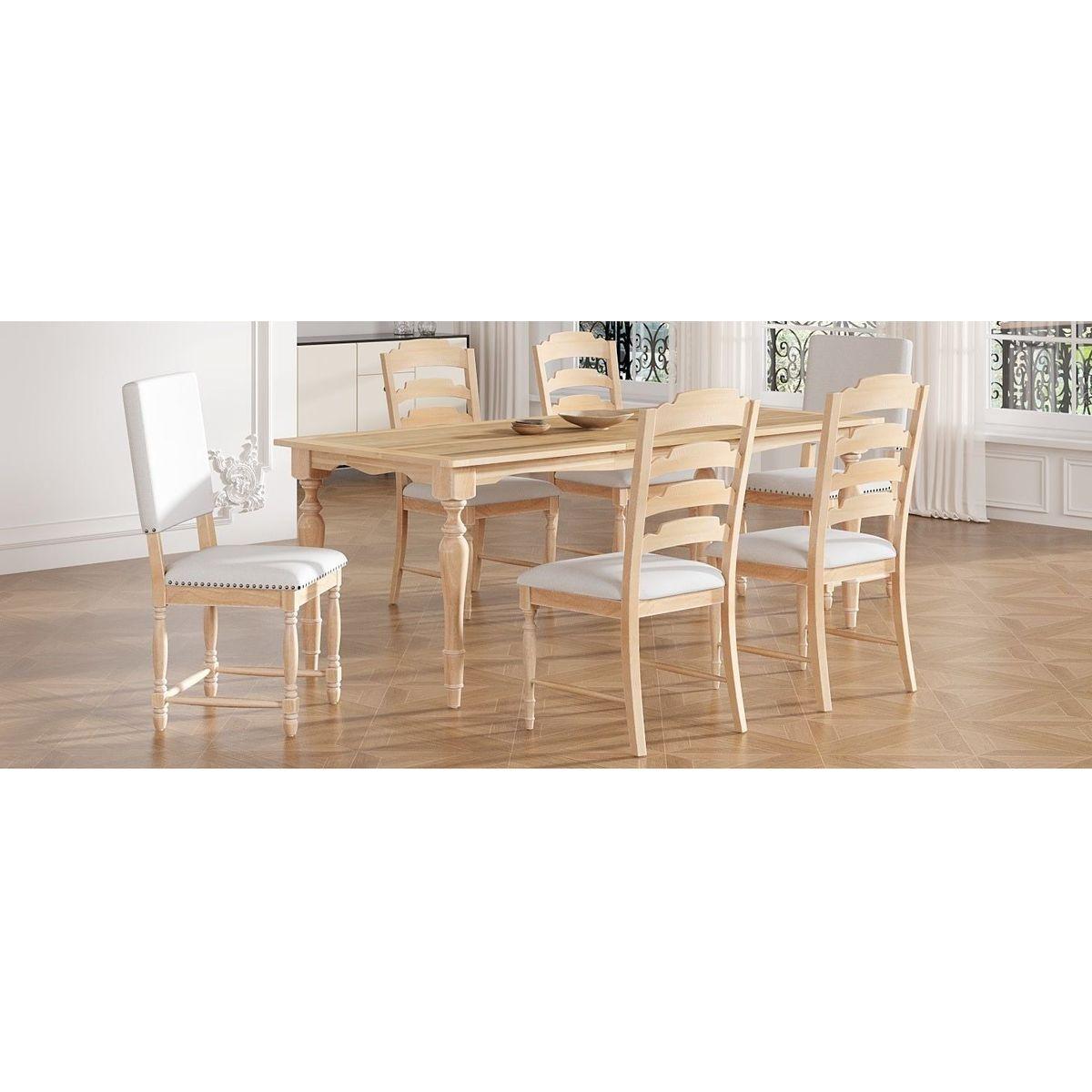 Vintage Traditional 7-Piece 82.7inch Extendable Dining Table Set with 23.6inch Removable Leaf, 4 Serrated Back Chairs and 2 Upholstered Back Dining Chairs for 6, Natural