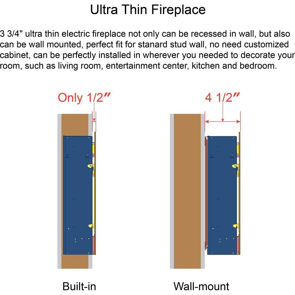 36 inch recessed ultra thin tempered glass front wall mounted electric fireplace with remote and multi color flame & emberbed, LED light heater