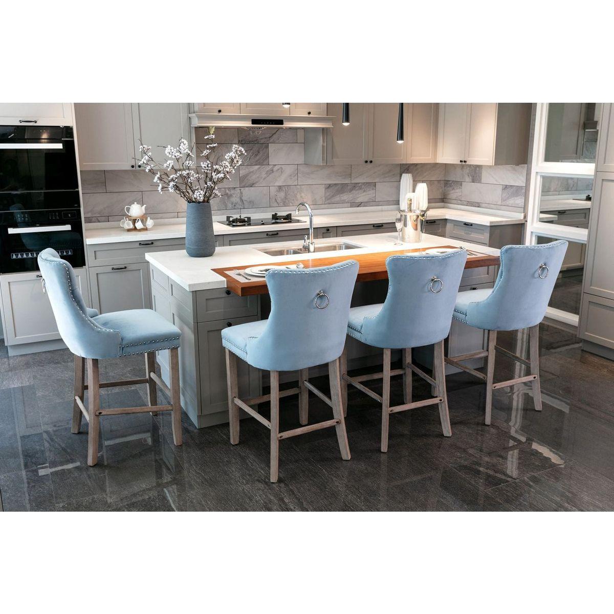 Contemporary Velvet Upholstered Barstools with Button Tufted Decoration and Wooden Legs, and Chrome Nailhead Trim, Leisure Style Bar Chairs,Bar stools, Set of 2 (Light Blue)