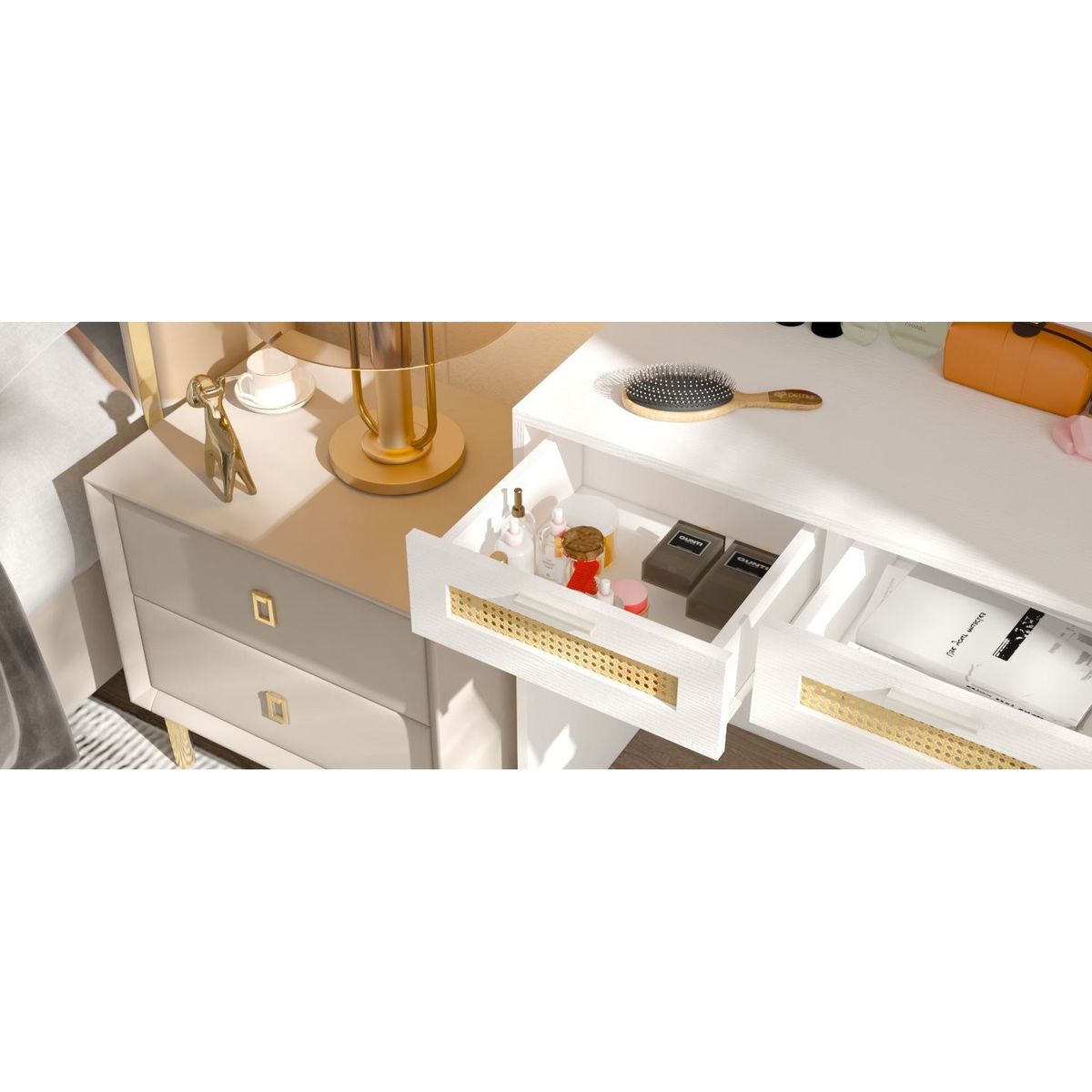 Makeup Vanity with Lights in 3 Colors & Openable Mirror, Vanity Desk with 4 Drawers & 1 Cabinets & Shelves, Vanity Table Rattan Vanity Dresser, for Bedroom