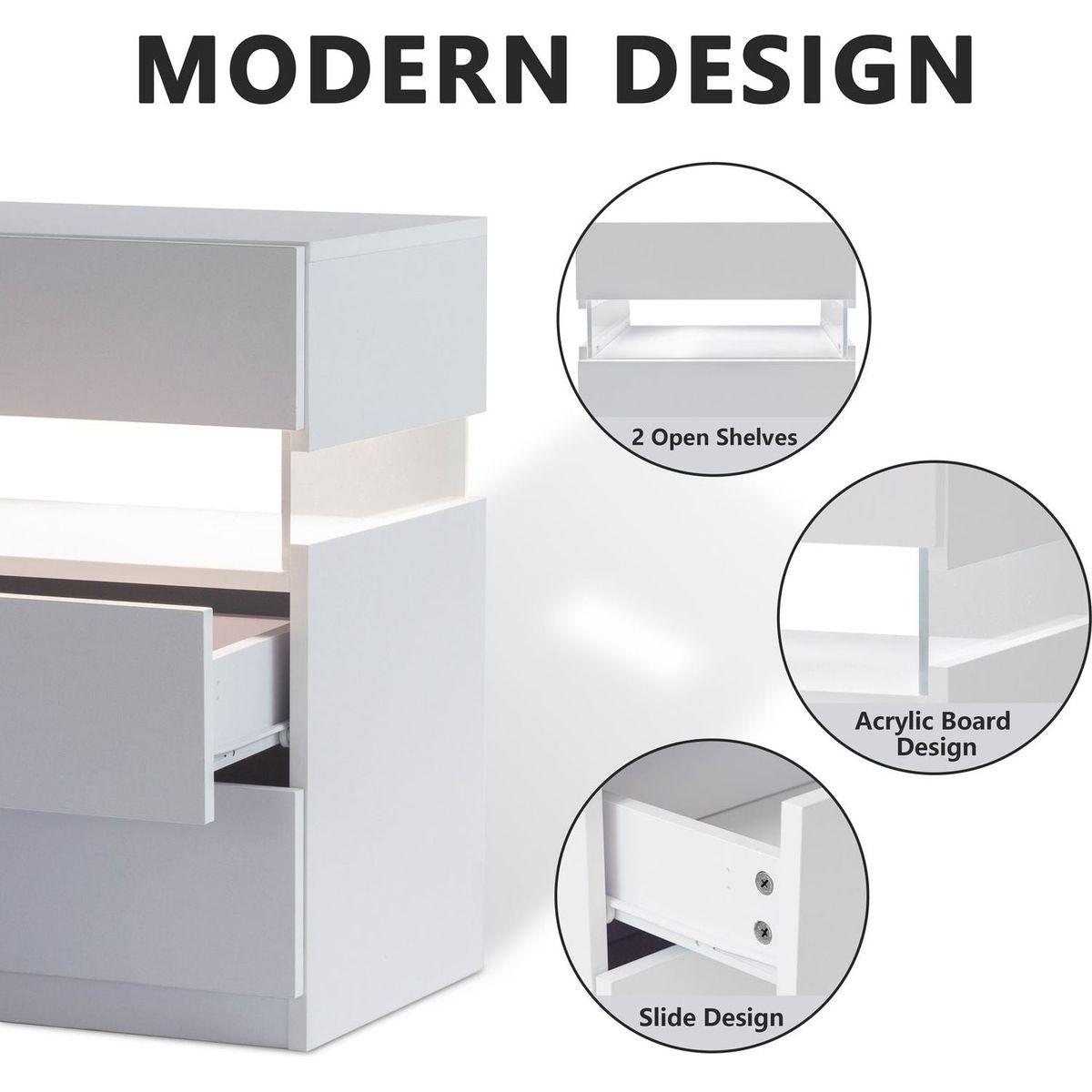 LED Nightstands 3 Drawer Dresser for Bedroom End Table with Acrylic Board LED Bedside Tables for Bedroom Living Room Bedside Furniture (White)