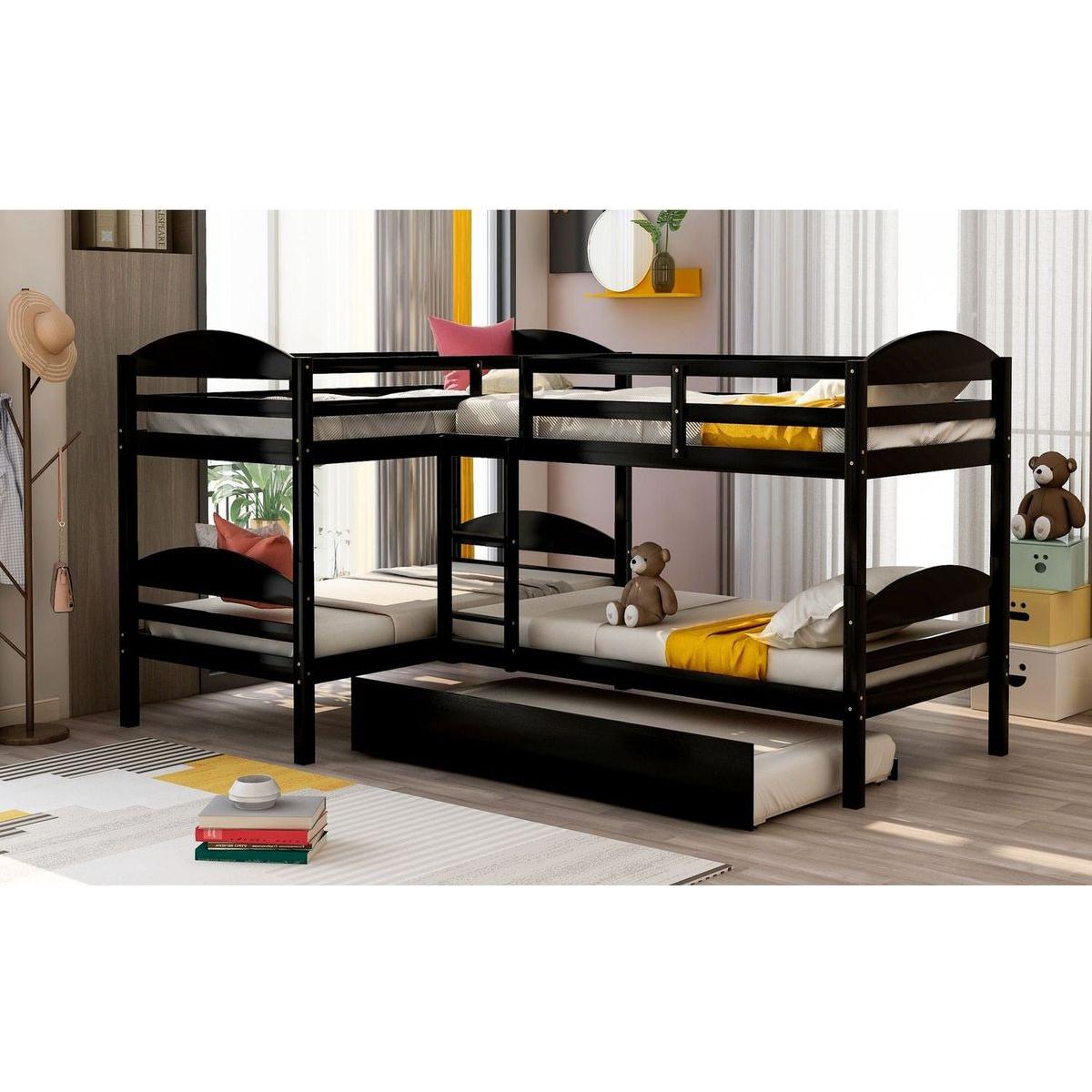 Twin L-Shaped Bunk bed with Trundle-Espresso{O
