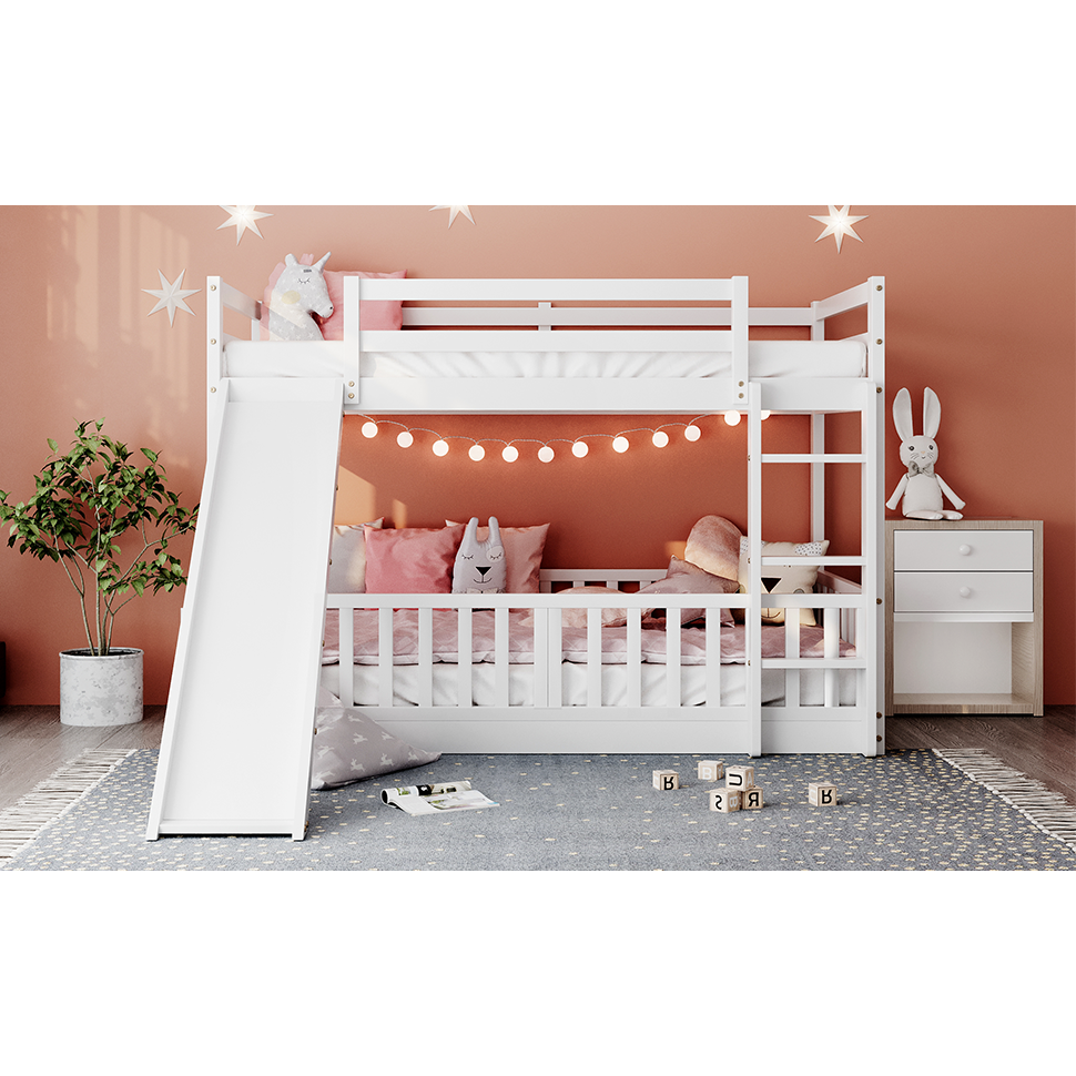 Twin Over Twin Bunk Bed with Slide and Ladder, White