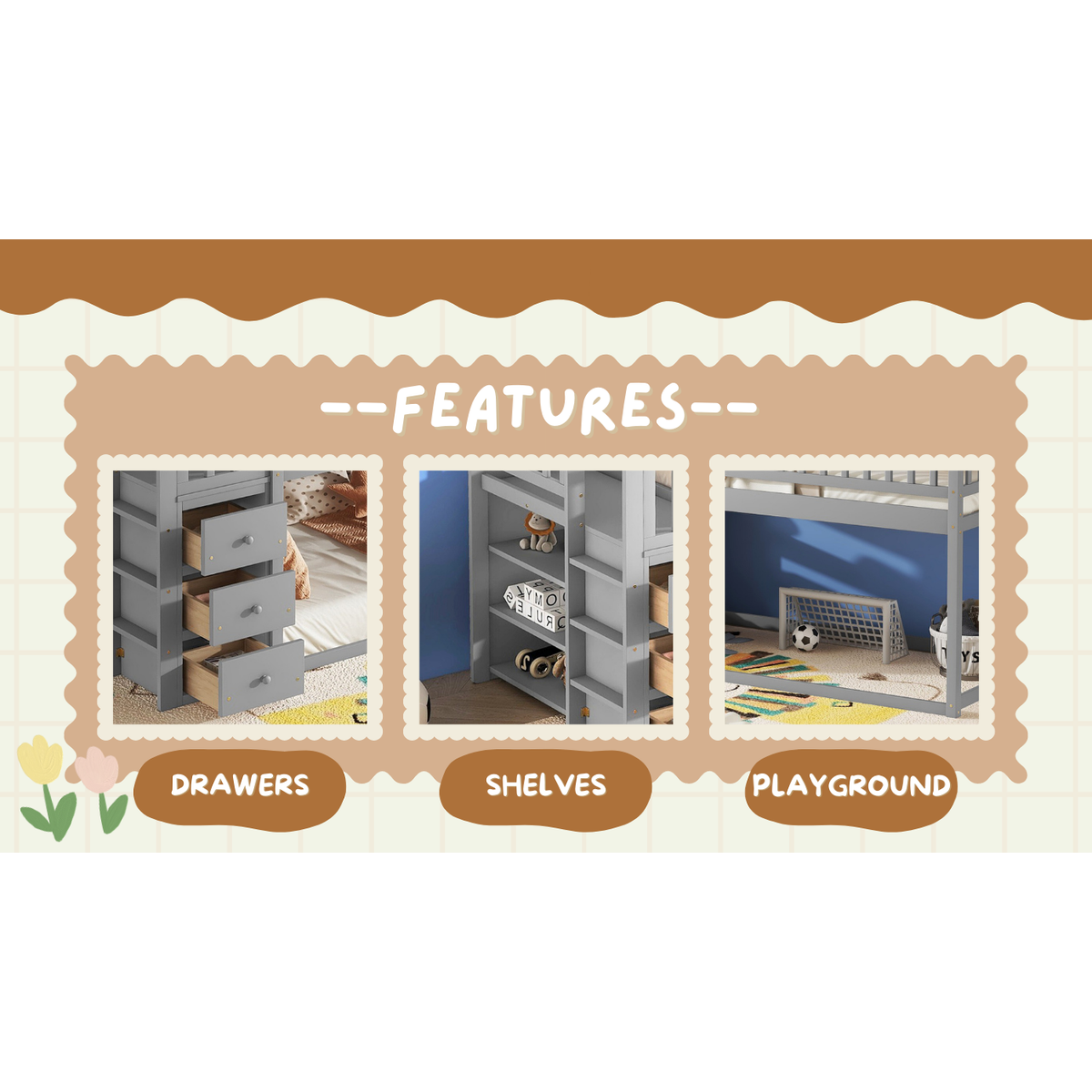 TWIN/TWIN HOUSE BUNK BED WITH SHELVES AND DRAWERS FOR GREY COLOR