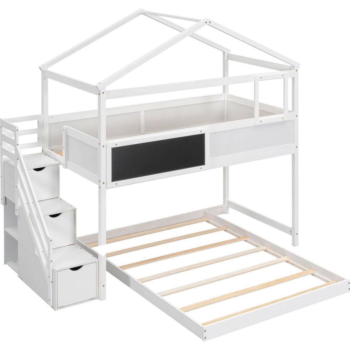 Twin over Full House Bunk Bed with Storage Staircase and Blackboard,White