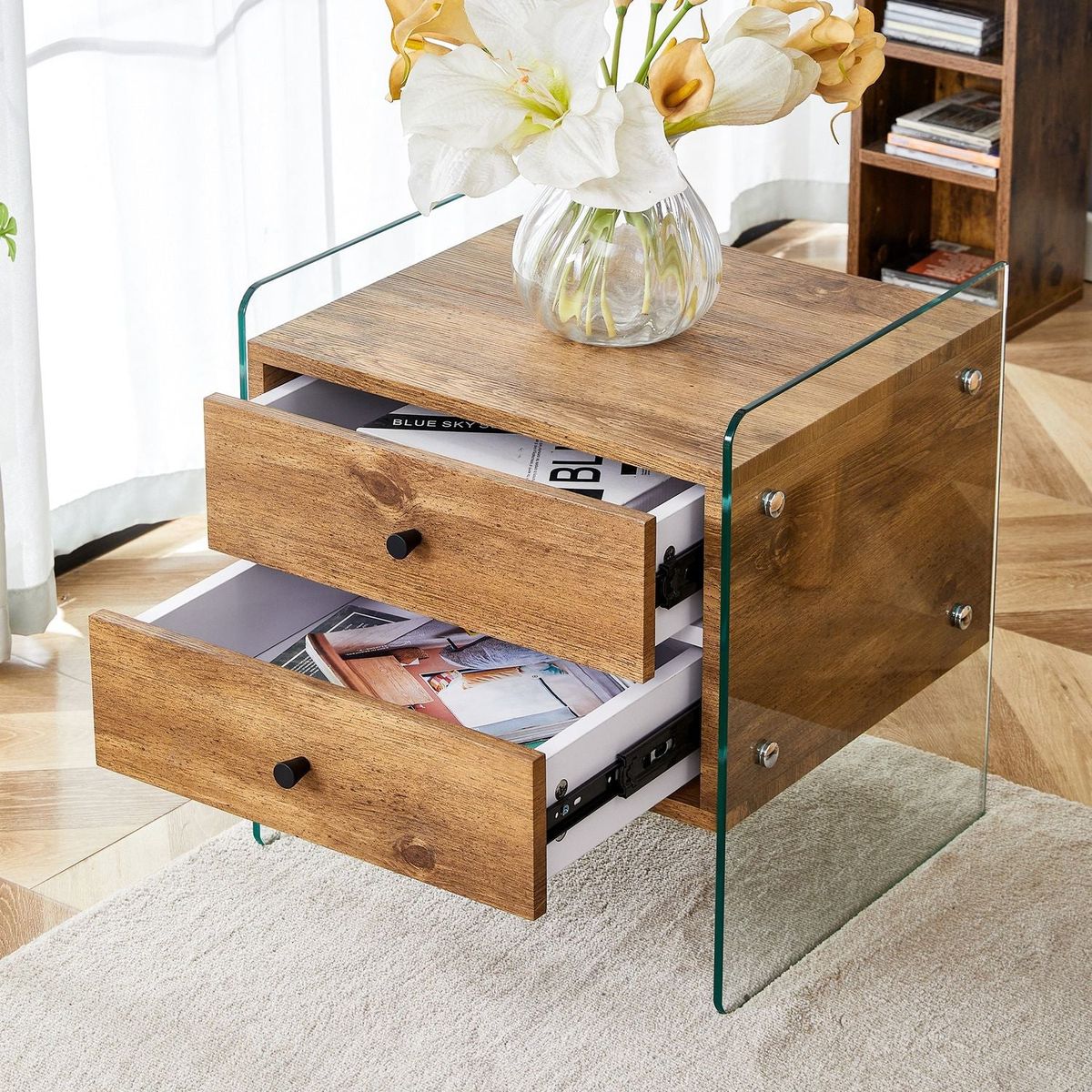 Double-drawer bedside table. The board surface is MDF sticker, and both sides are transparent tempered glass. The design is simple and elegant, with excellent storage functions.