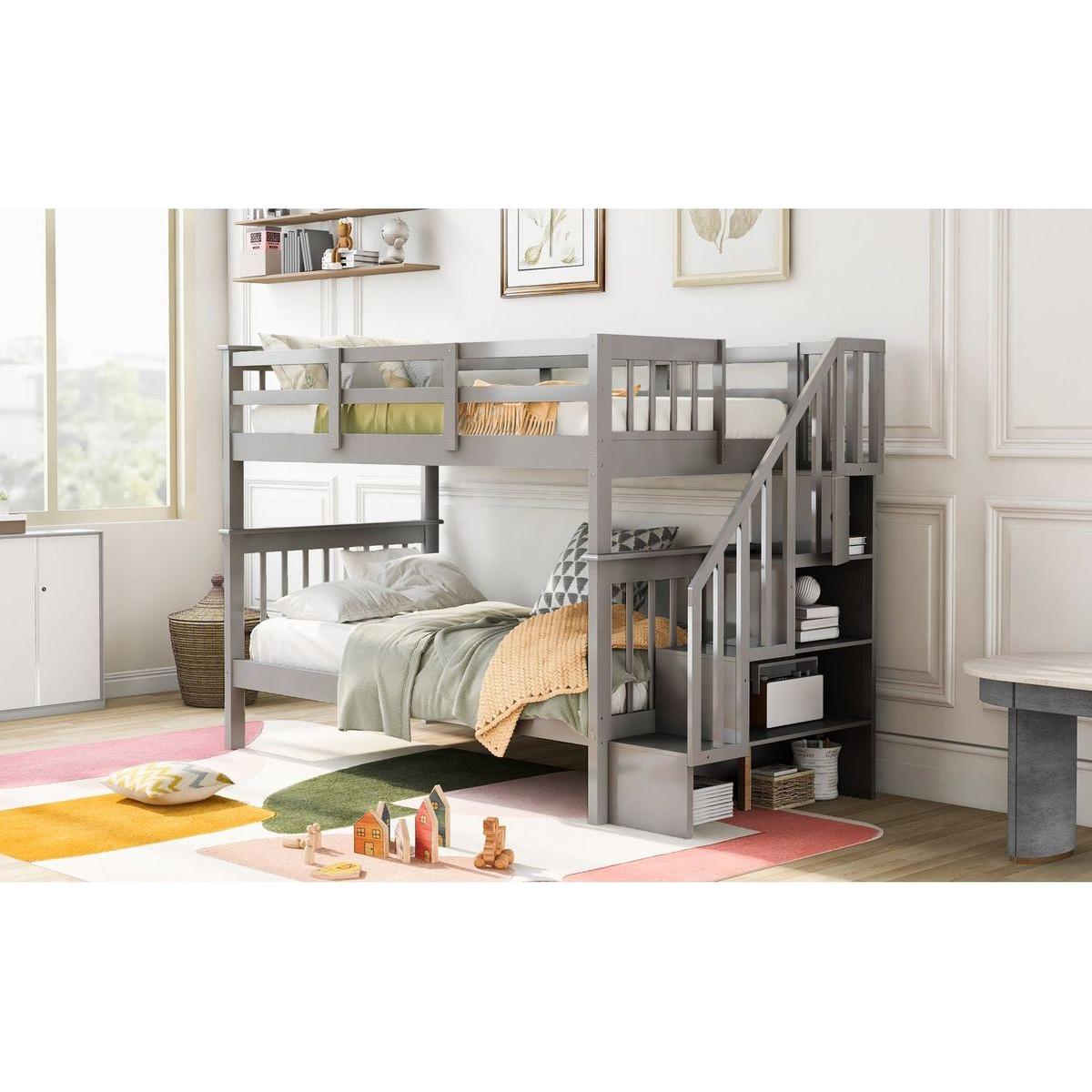 Stairway Twin-Over-Twin Bunk Bed with Storage and Guard Rail for Bedroom, Dorm, Gray color