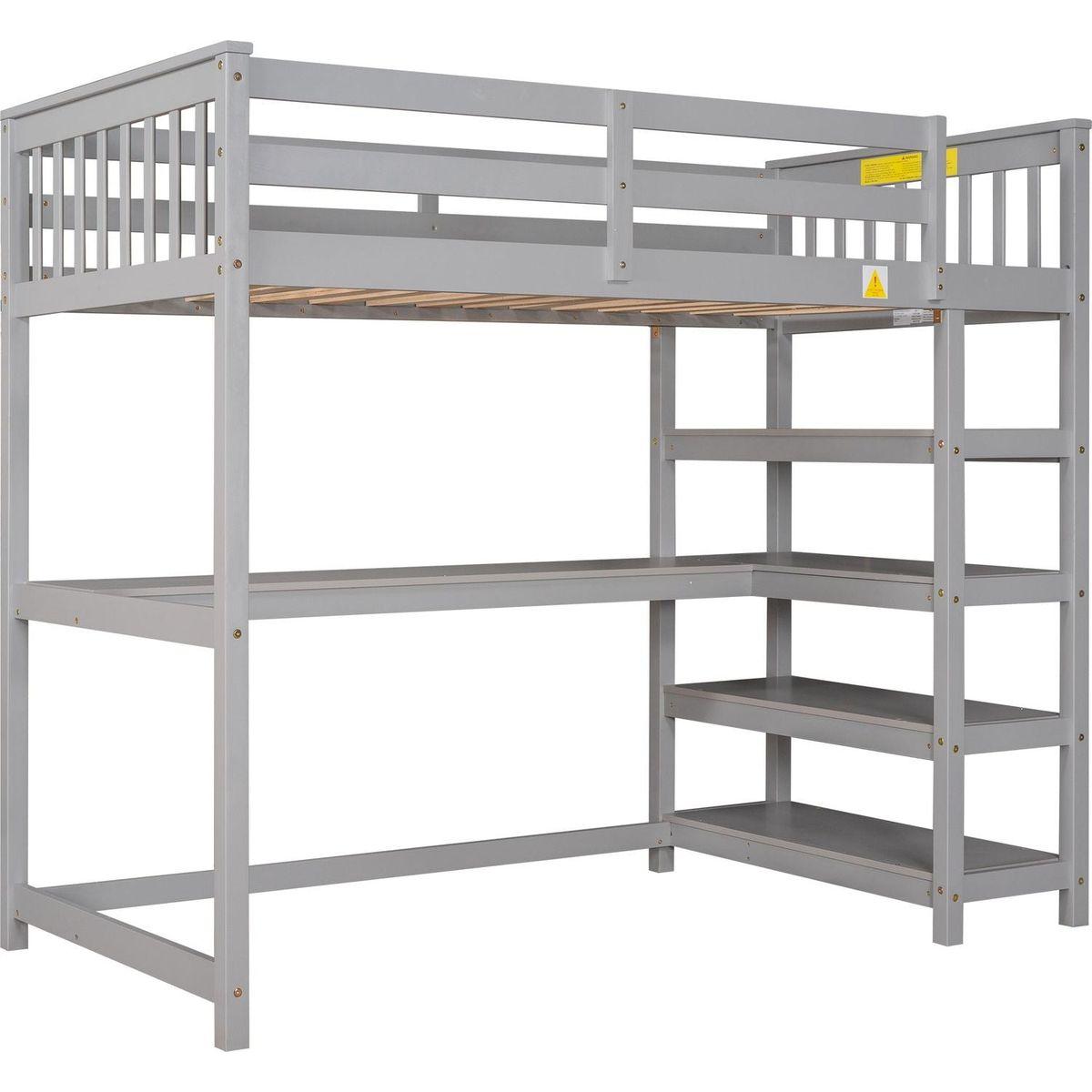 Twin Size Loft Bed with Storage Shelves and Under-bed Desk, Gray
