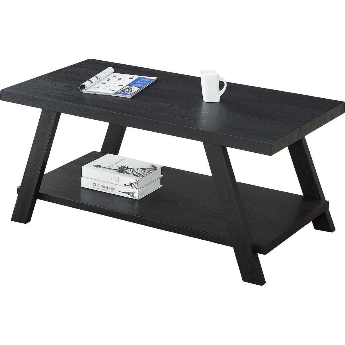 Athens Contemporary Replicated Wood Shelf Coffee Table in Black Finish