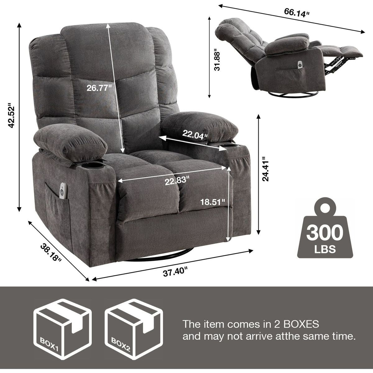 Massage Rocker Recliner Chair Rocking Chairs for Adults Oversized with 2 Cup Holders, USB Charge Port Soft Features a Manual Massage and Heat.(A+B)GREY
