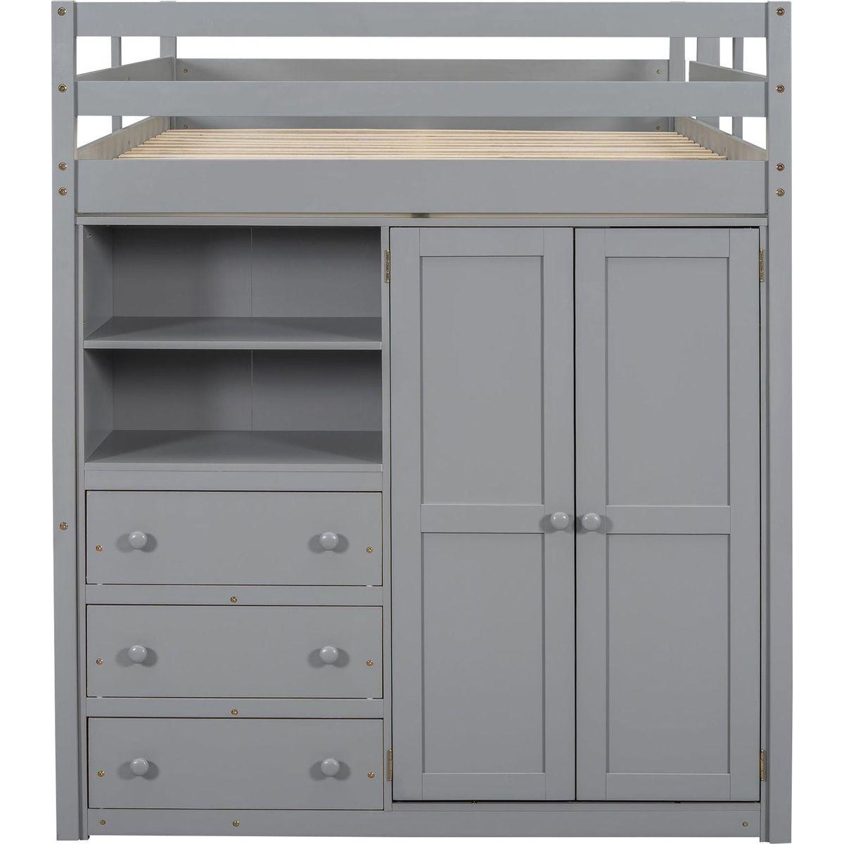 Wood Full Size Loft Bed with Built-in Wardrobe, Desk, Storage Shelves and Drawers, Gray